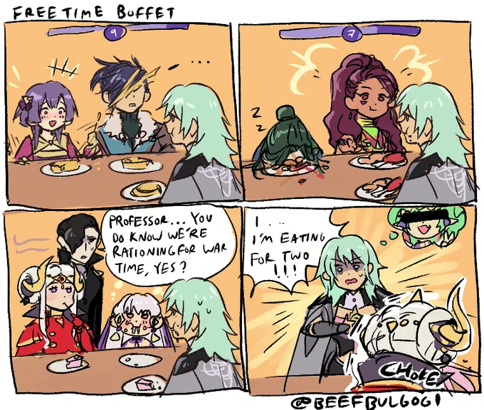 fe3h timeskip spoilers / / 

i spend all 10 free times eating so i can only imagine how much byleth can shovel down 