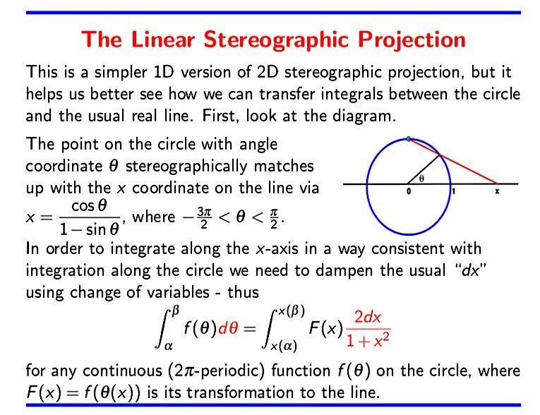 SamuelGWalters's tweet photo. The change of variables formula is a helpful tool in transforming #calculus on different spaces - here illustrated with the circle stereographically projected onto the real line. Same principle goes thru for the 2-sphere onto the complex plane, on which I'll have more to say. https://t.co/TAiMKmzbzY