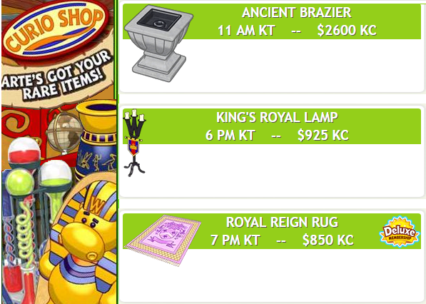 WIdotcom's tweet photo. #CurioRareAlert #Webkinz #Arte_Fact is up early with his rares, today, Sunday August 18th. He has 3; starting at 11 am, the Ancient Brazier for all 2600 KC. At 6 pm is the King's Royal Lamp 925 KC for all and the final at 7 pm is Deluxe, the Royal Reign rug for 850 KC https://t.co/qD8T99TzbB