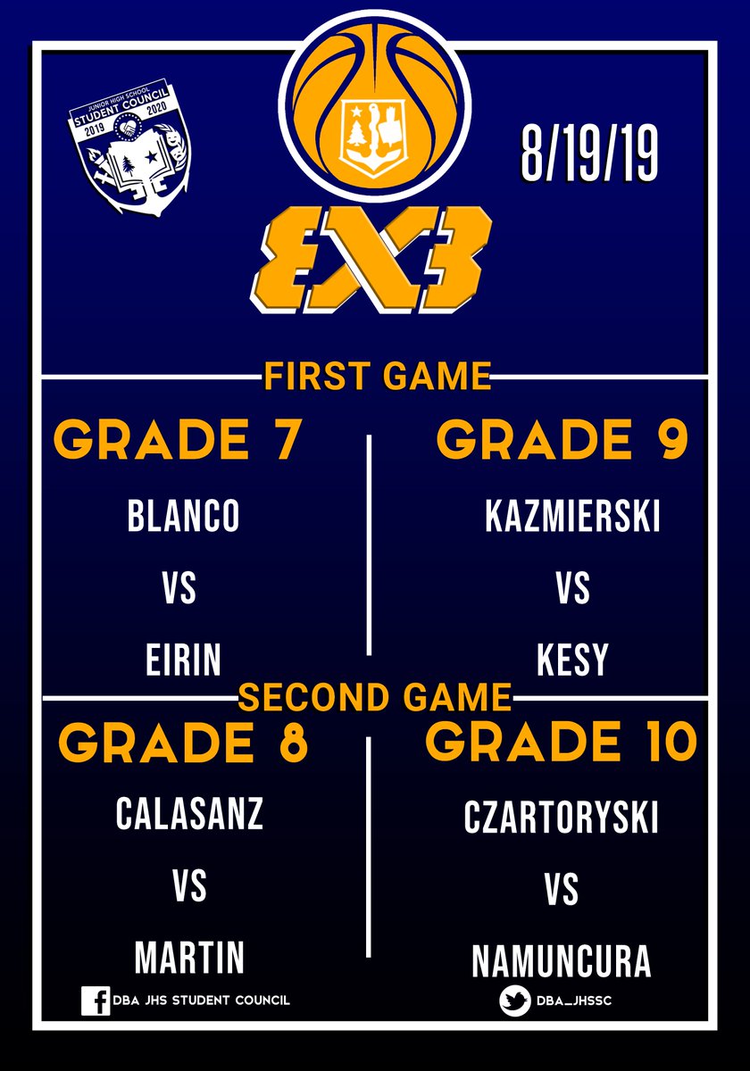 DBA_JHSSC's tweet photo. These are the following games for the annual 3x3 tournament, wear proper sports attire.Good luck and may the best team win!🏆 https://t.co/DoNE18M2j2