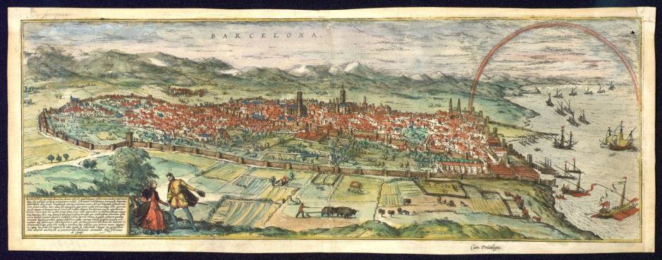 Aquest 📜 gravat és la vista més antiga de #Barcelona, presa des de #Montjuïc a mitjan segle XVI. L'actual districte de <a href="/Bcn_CiutatVella/">Districte de Ciutat Vella</a> hi apareix envoltat de muralles, i ⛪ 3 grans edificis religiosos hi destaquen. De quins es tracta? #arxiuBCN #memòriaBCN