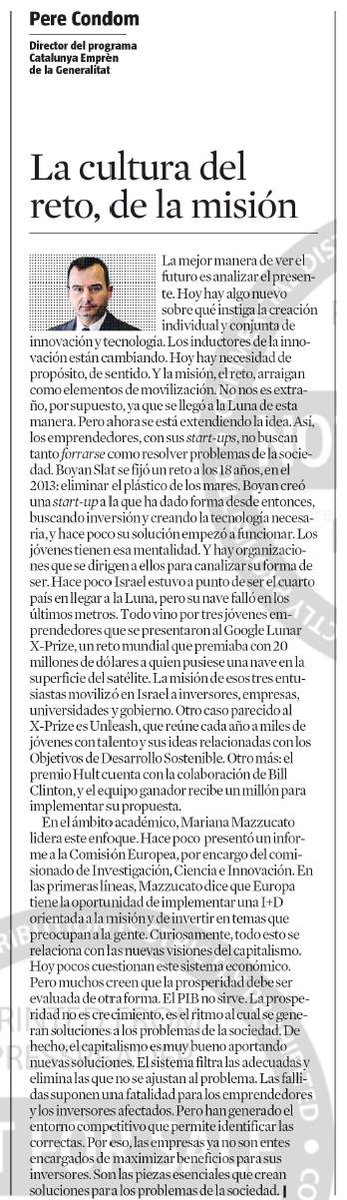 Avui a <a href="/LaVanguardia/">La Vanguardia</a>, breu escrit sobre reptes i missions. <a href="/XavierFerras/">Xavier Ferràs</a> <a href="/JosepMVilalta/">Josep M. Pep Vilalta</a> <a href="/PereBotella/">Pere Botella</a> <a href="/VctorHerrero5/">Víctor Herrero Pérez</a> <a href="/xamores/">Xavier Amores</a> <a href="/xtestar/">Xavier Testar</a> @jvallspassola <a href="/ealmirall/">esteve almirall</a> <a href="/AntoniGarrell/">Antoni Garrell Guiu</a> <a href="/jmarinpu/">Jordi Marin</a> <a href="/oalcoba/">Oriol Alcoba</a> <a href="/dmarcop/">Dani Marco</a> <a href="/LaiaCorbella/">Laia Corbella</a> <a href="/emprencat/">Emprenedoria</a>