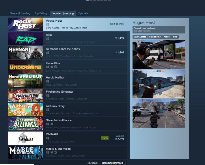 PlayRogueHeist's tweet photo. Rogue Heist tops the popular upcoming games list on steam.
Don't forget to add it to your wishlist if you haven't already.
https://t.co/e0uxT7Dx9J
#RH #gamedev #indiegame #indiedev https://t.co/bjRtXXvPrD