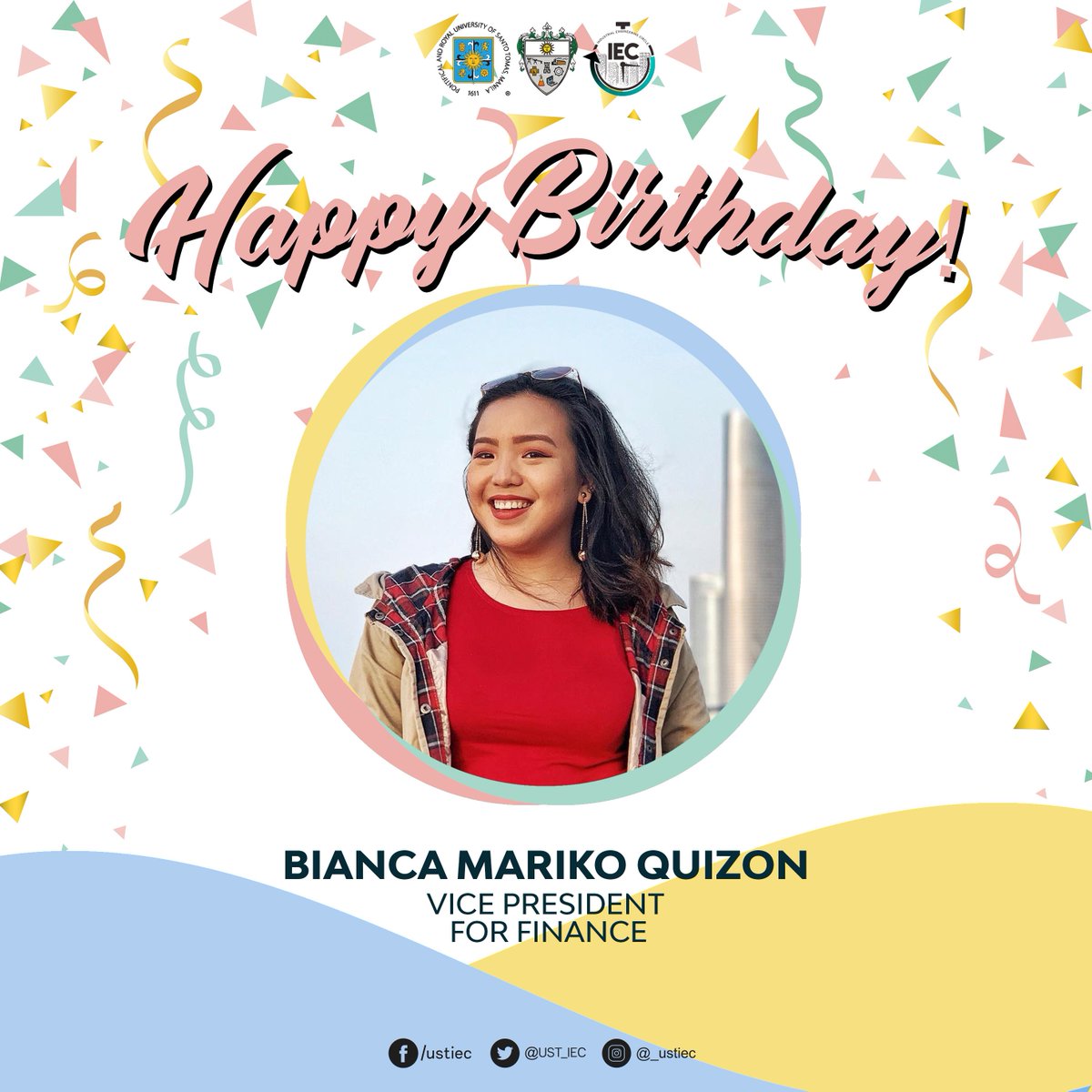 UST_IEC's tweet photo. Greeting our VP for Finance, Bianca Mariko Quizon, a happy birthday! 

May God bless you with a year full of happiness that you deserve. Continue being that jolly and hardworking leader as you strive to achieve your success in life.

Love,
Your IEC Family 💙

#IEZeal https://t.co/RUXc1ygeUK