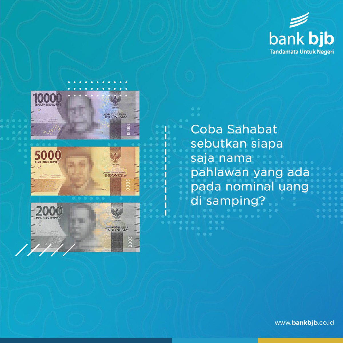 infobankbjb's tweet photo. Uang merupakan alat tukar utama yang digunakan dalam melakukan transaksi sehari-hari.
Tapi Sahabat bjb tahu enggak sih, siapa saja tokoh pahlawan yang berada di mata uang rupiah yang tertera berikut? 😊
#bankbjb #bjbtrivia #matauang #pahlawan #rupiah #harikemerdekaan #quiz https://t.co/moHevtVoWA