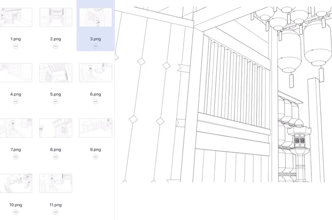 3Dから出力してもらった線画をクリスタで原稿に配置、このままだと薄いので線画抽出機能と必要に応じて縁取り。ここまで出来たものをアシスタントさんに投げます。すべてを3Dにするのは無理なので一から描く背景もあります。 