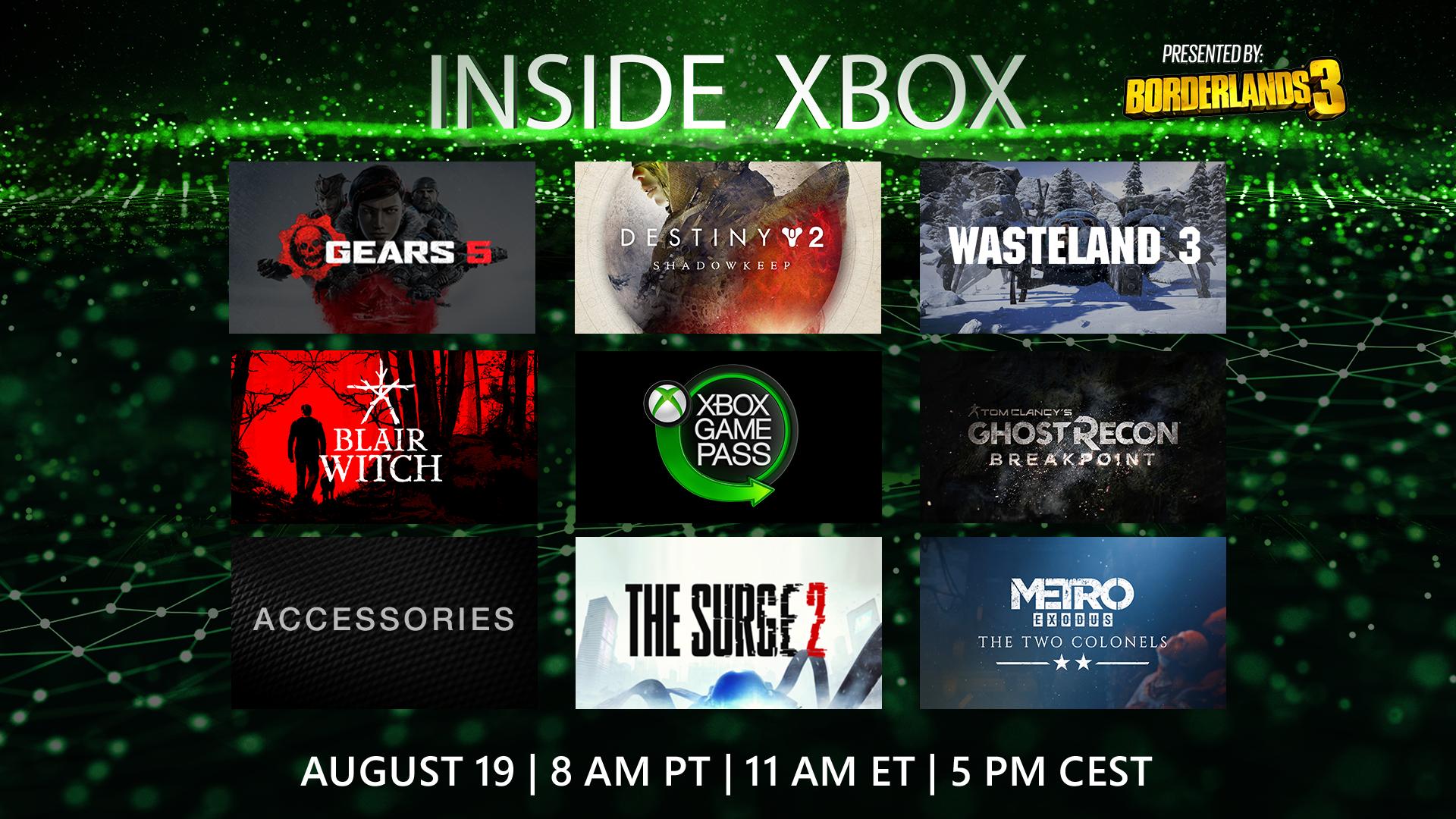 Inside Xbox Schedule featuring Gears 5, Destiny 2 Shadowkeep, Wasteland 3, Blair Witch, Xbox Game Pass, Tom Clancy's Ghost Recon Breakout, Accessories, The Surge 2, and Metro Exodus. Text Reads: August 19, 8 AM PT, 11AM ET, 5PM CEST.