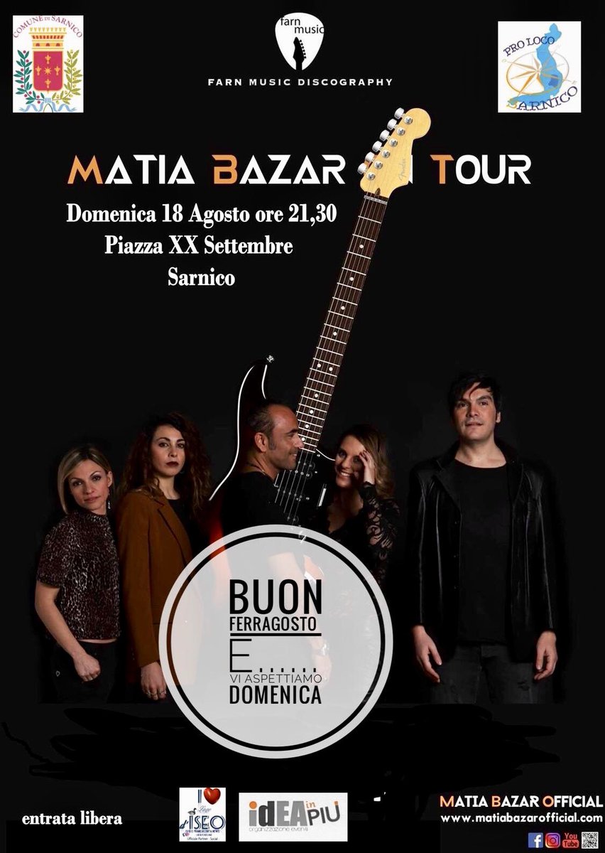GioBertazzoli's tweet photo. Questa sera grande concerto dei Matia Bazar nella nostra Sarnico! 

Vi aspettiamo numerosi dalle 21.30 in piazza XX settembre. Ingresso gratuito. 😉👍🏻🔝🔝🔝🎸

#ComuneSarnico
#ProlocoSarnico
#MatiaBazarInTour https://t.co/BGt5VEIeZn