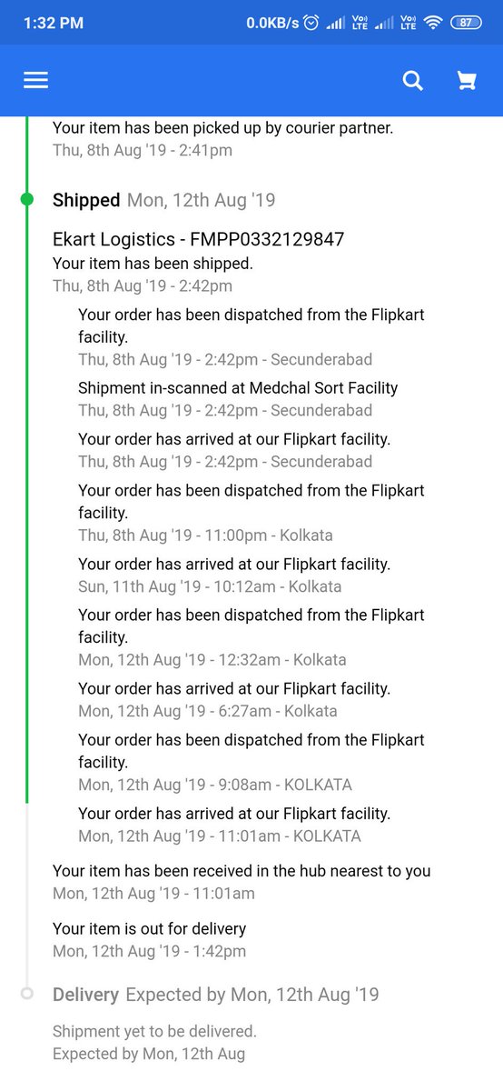 I_am_Medda's tweet photo. Ordered on 8th Aug from @Flipkart, not delivered yet, complained 3 times @flipkartsupport .Till not delivered. Suddenly showing out for delivery today (18th Aug),but system showing today is 12th Aug😀. Is @Flipkart doing some joke with Customer???
Order Id. - OD116204972524640000 https://t.co/i2k3redFqZ
