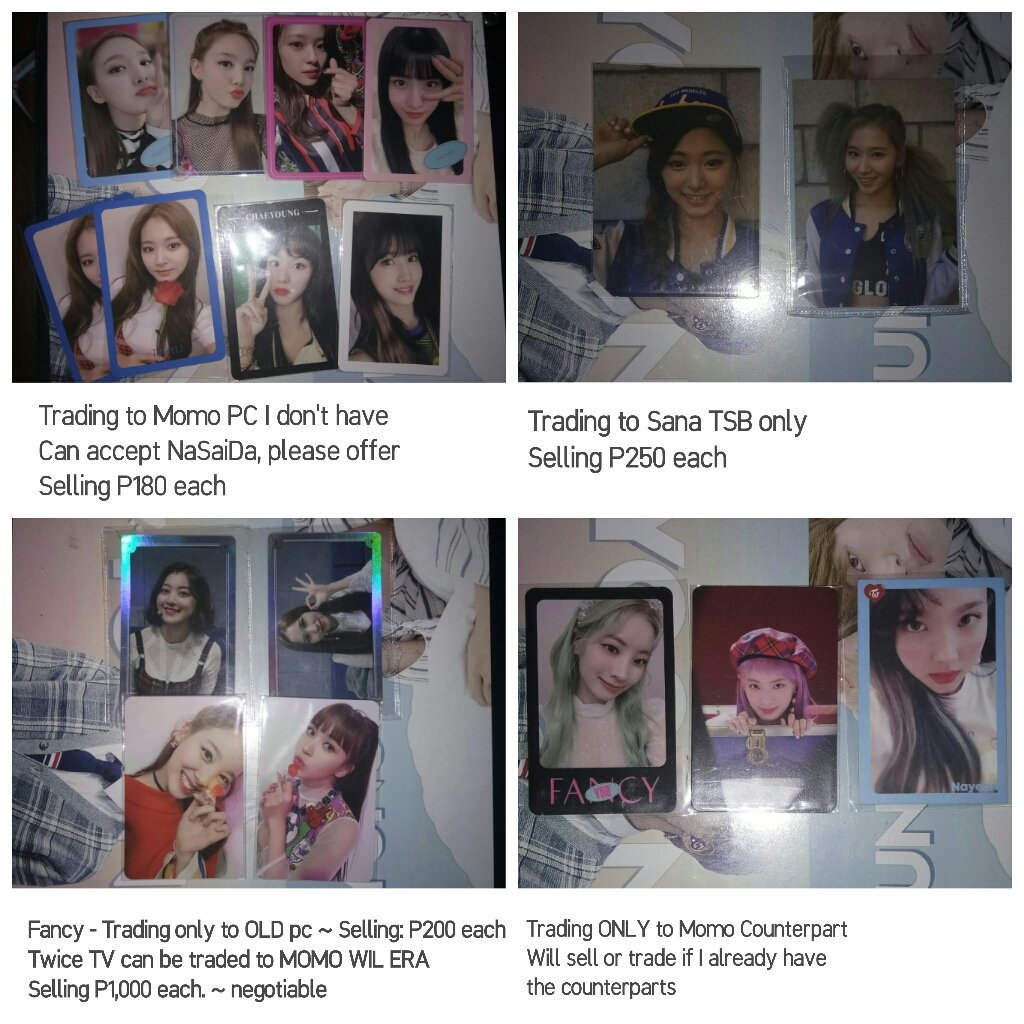 bangtanberryph's tweet photo. WTT/WTS/LFB
Twice Photocards for Trade and Sell to Momo
You can also offer Nayeon, Sana and Dahyun.

Please see photos for details
#twice #twaiis #twicemerch #twicetrades
#fancy #fancyyou #signal #page2 #tsb #merryandhappy #yoy #tyoy  #TWICEPOPUPSTORE #twicetv2018 #whatislove https://t.co/xSZGshju8l
