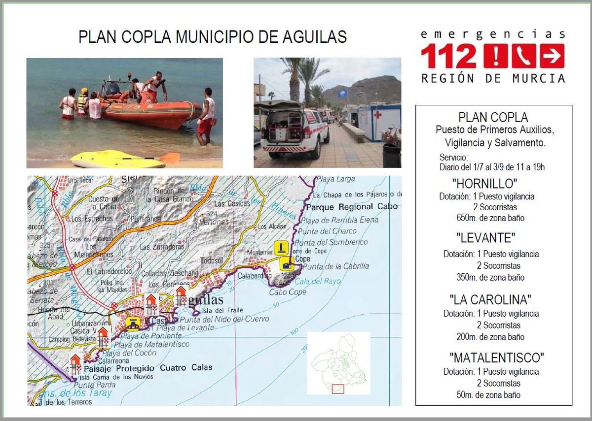 112rmurcia's tweet photo. Los puestos de vigilancia en playas del #PlanCopla2019 del @AYUNTAGUILAS  han abierto hoy domingo izando bandera VERDE "PLAYAS APTAS PARA EL BAÑO". 
✔️Estado de la mar. Mar llana.
⚠️Siempre RESPETEN las indicaciones de los socorristas, evitemos desgracias. https://t.co/2fHmtB6JBl