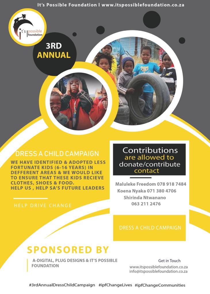 IPF_SA's tweet photo. We have identified and Adopted Less fortunate kids ( 6 - 16 Years ) in Different areas, We would like to ensure that these kids receive clothes, shoes and food. Help us, help SA’s future leaders.

#3rdAnnualDresssChildCampaign
#IpfChangingLives
#ipfChangingCommunities https://t.co/CeoPEGOhyx