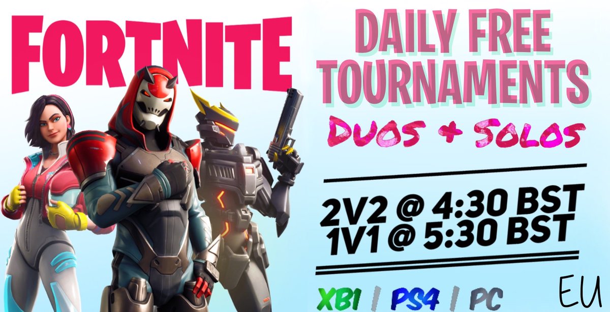 vnmTourney's tweet photo. 🔨➖ August 18 - #EU #Fortnite➖🎮
#FREETourneys | #PS4 & #XB1 & #PC
#Enjoy #EUBattleRoyale #AllPlatforms
↪️ Times in PM & BST ↩️
2v2 2nD ~ 4:30pm
1v1 2nD ~ 5:30pm
2v2 2nD ~ 6:30pm
1v1 2nD ~ 7:30pm
💙 RTs / Follows Appreciated 💜
Sign up below 🆓⏬
https://t.co/YjrZemm0ws https://t.co/WvFegih3Xc