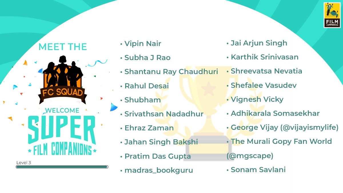 FilmCompanion's tweet photo. Presenting, Super Film Companions of the #FCSquad. Chosen for their amazing content, the love for cinema and the power to charm! Stay tuned for exclusive meet-ups, giveaways & collaborations. Welcome to the Squad! Stay awesome, stay filmy and stay connected! https://t.co/A96oGQhZXT
