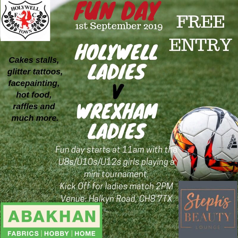 HolywellFc's tweet photo. Not long now!

FUNDAY 
1st September 2019

🆚 @WrexhamAFCWomen 
🏟️ Halkyn Rd, Holywell, CH8 7TZ
⏲️ 11:00 start (kickoff at 2pm)
🎟️ FREE ENTRY
☕️ Refreshments available

Mini festival for U8s/U10s and U12s girls @NFAFootball_ @penrhynbaygirls kickoff off 11 https://t.co/rYNrWRRX2T