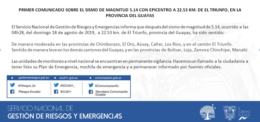 [Primer Comunicado] Sobre el sismo de magnitud 5.14, ocurrido el domingo 18 de agosto de 2019, a las 04h28, con epicentro a 22.53 km. de El Triunfo, provincia del Guayas.