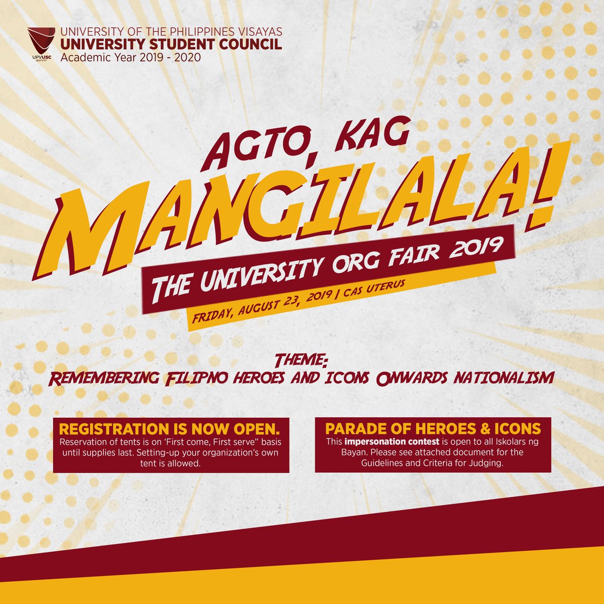 upv_usc's tweet image. What's up, mga pare chong bro?

Gina-agda ang tanan nga mga student organization, fraternity kag sorority nga magpasundayag sa kadya nga University Org Fair nga pagatawgon "AGTO KAG MANGILALA!"

Para magregister, kadto lang sa: tinyurl.com/y4267wnf

 #OrgFair2019 #BagongUSC