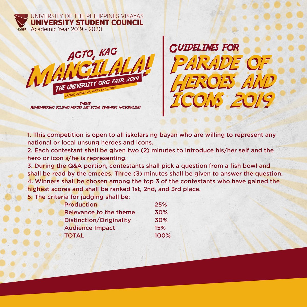 upv_usc's tweet image. What's up, mga pare chong bro?

Gina-agda ang tanan nga mga student organization, fraternity kag sorority nga magpasundayag sa kadya nga University Org Fair nga pagatawgon "AGTO KAG MANGILALA!"

Para magregister, kadto lang sa: tinyurl.com/y4267wnf

 #OrgFair2019 #BagongUSC