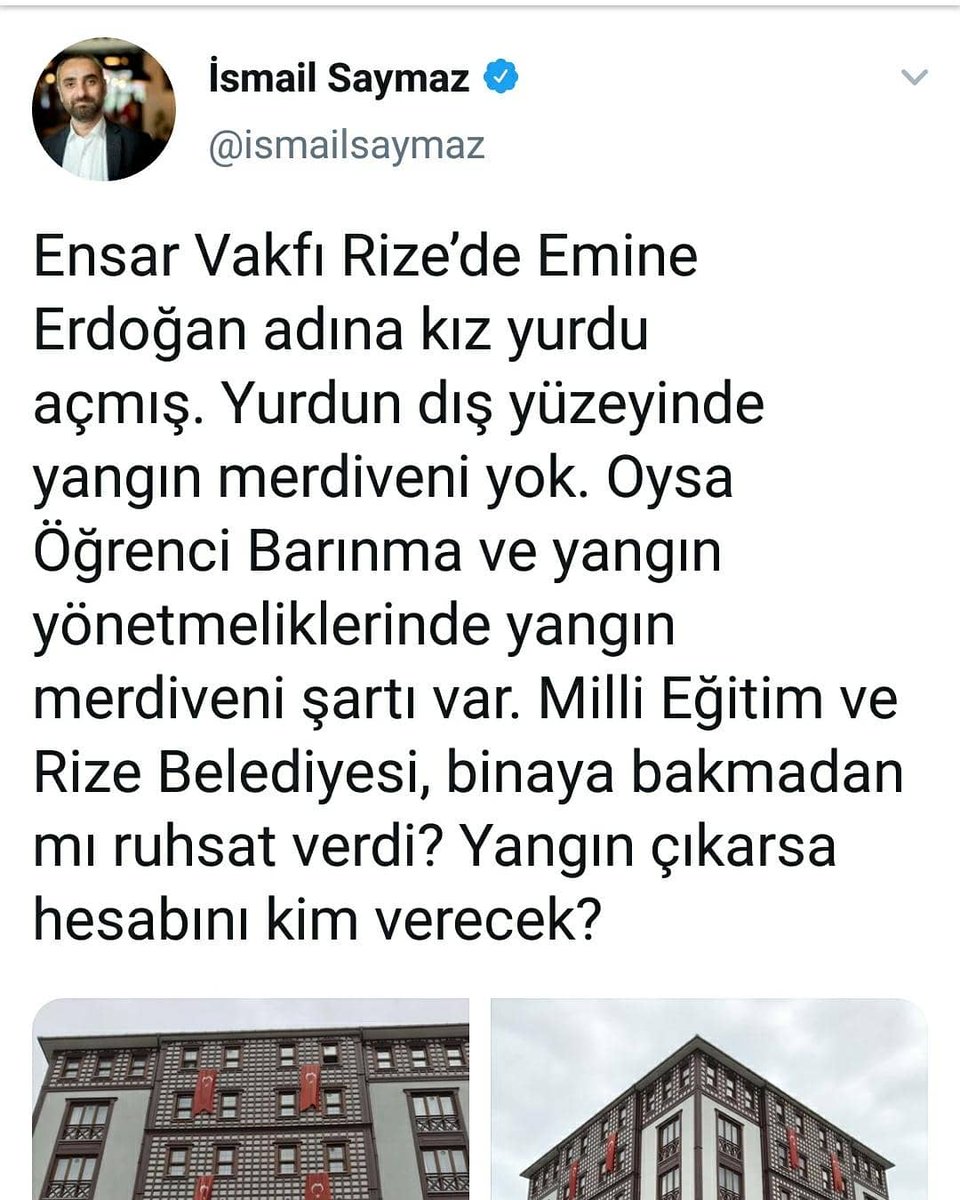 ensarvakfiyurt's tweet photo. .@ismailsaymaz 'ın Rize'deki kız yurdumuz ile ilgili yangın merdiveni bulunmadığına dair iddiaları tamamen asılsızdır. 

Rize'deki mevcut yurdumuz ve Türkiye genelindeki yurtlarımızın tamamı yönetmelik şartlarını sağlamaktadır. https://t.co/8xfkBMoSNT