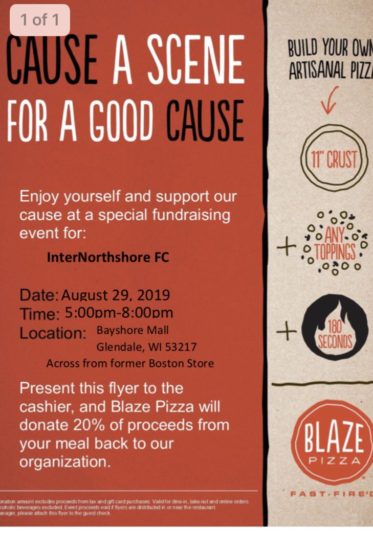 Mark the date now to dine with INFC on Aug 29 at Blaze.  Show this flyer to raise money for our club! ⚽️💙⚽️