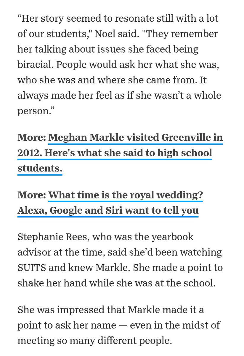 Meghan doesn't appear to have changed since that visit to Greenville ,Berea High School Principal Mike Noel said . He described her as a "very nice" and "genuine person" who wanted to have a positive impact on people.
