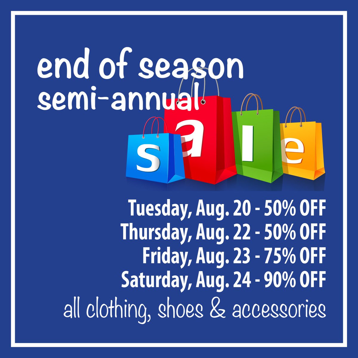 This Charlotte summer isn't the only thing heating up! Come check out our end of the season, semi-annual SaLe!!! Starting THIS Tuesday, 8/20 we will be marking ALL clothing, shoes and accessories down 50%. We hope to see all your smiling faces there.