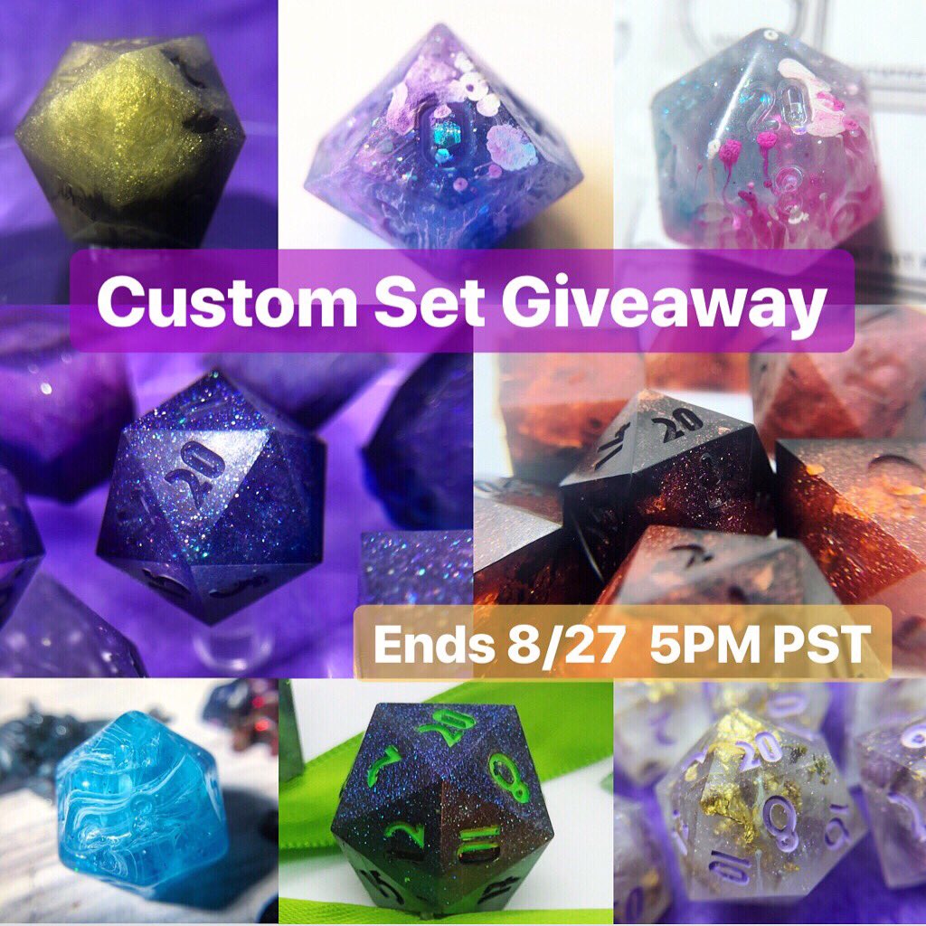 Dicey_Dungeons's tweet photo. Celebrating good change in my life!  #giveaway: one full custom #polyhedraldice set — you pick colors/design in my sharp edge molds.  Winner pays postage. 

1. Like 
2. Follow me 
3. RT

#handmadedice #criticalrole #ttrpg #dicecollector #dnd5e #dnd #d20
#dungeonsanddragons #nat20 https://t.co/dJ1GKVpY7X