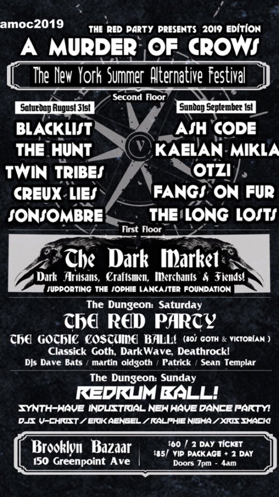 LostsThe's tweet photo. Join us at A Murder Of Crows Festival happening in little over two weeks in NYC🕷! Ash Code, Blacklist, Creux Lies, Fangs On Fur, Kaelan Mikla, Otzi, Sonsombre,
The Hunt, Twin Tribes DJs &amp; Dark Market!
https://t.co/CQ60mFopfp https://t.co/FUtIigaKbM