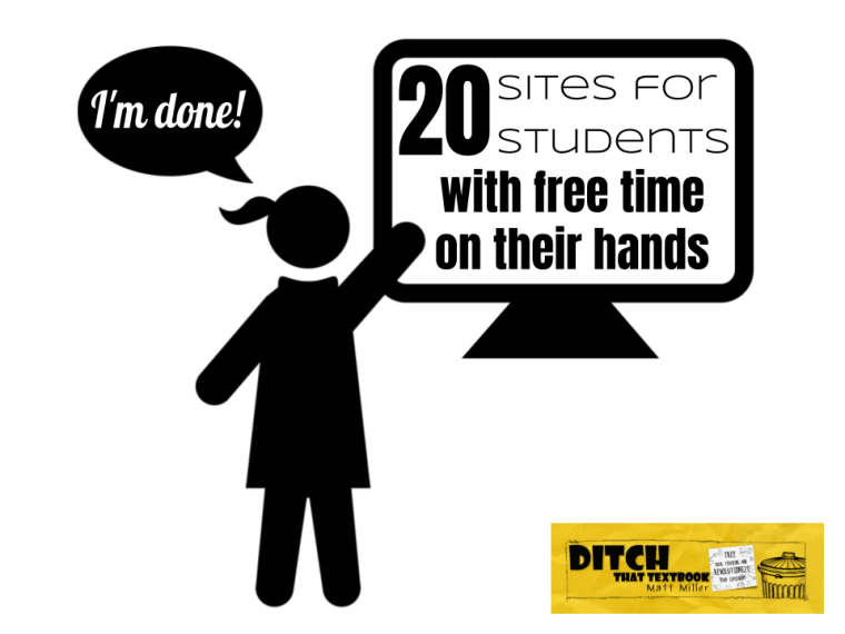 DitchThatTxtbk's tweet photo. 20 sites 💻 for students with free time on their hands 🙌

Includes a copyable @wakelet collection that you can edit and assign to your class TOMORROW!

https://t.co/eVdsugNmHo  #Ditchbook #TLAP https://t.co/pk7v0BzF0N