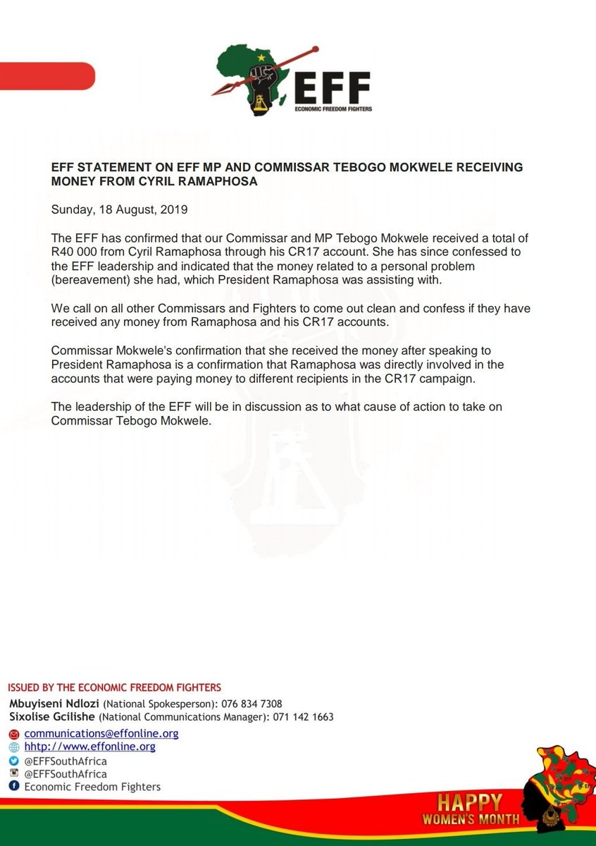 EFFSouthAfrica's tweet photo. EFF Statement On EFF MP And Commissar Tebogo Mokwele Receiving Money From Cyril Ramaphosa https://t.co/Fb2yuhWPxm