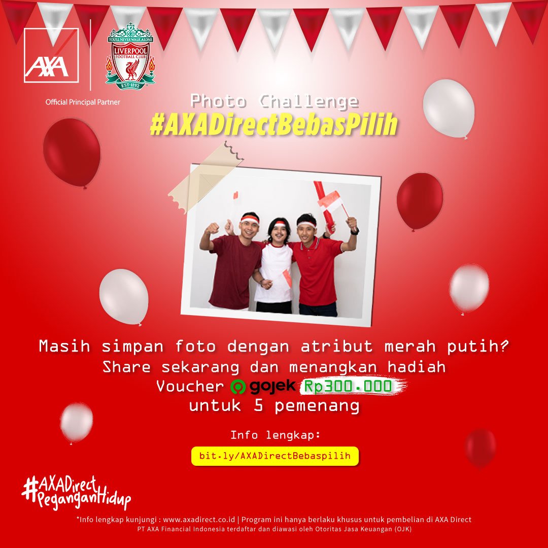 AXAIndonesia's tweet photo. 17 Agustus sdh lwt tp semangat kemerdekaan hrs ttp membara.
Ayo, ikuti Photo Challenge #AXADirectBebasPilih.
Menangkan Voucher Gojek Rp300.000 utk 5 pemenang.
Syarat&Ketentuan baca di https://t.co/6iRSt2qoUk
#AXADirect #PeganganHidup #AXADirectBebasPilih #lombafoto #merdeka https://t.co/7neAaMnZ9e