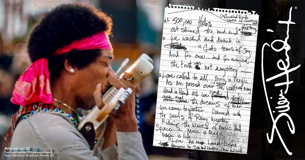 JimiHendrix's tweet photo. Exactly 50 years ago -- August 18, 1969 @ 8:04am -- Jimi Hendrix lead his new ensemble cast -- Gypsy Sun &amp; Rainbows -- onto the stage at Woodstock.  That magical performance which spawned the anthem of a generation will never be forgotten. #JimiHendrix #Woodstock https://t.co/9pJUeXsOFs