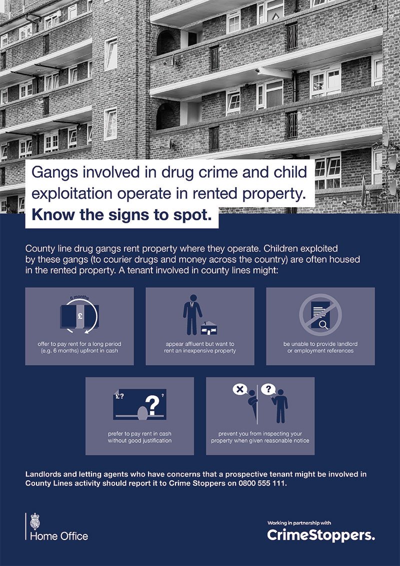 CrimestoppersUK's tweet photo. Landlords may spot a vulnerable tenant who is being exploited by County Lines gangs. Weโre working with @ukhomeoffice to help landlords know the #signstospot and how to report them.
Spot the signs of #CountyLines and report it 100% anonymously here https://t.co/OsBMlaZypl https://t.co/BJpOiBPiOE