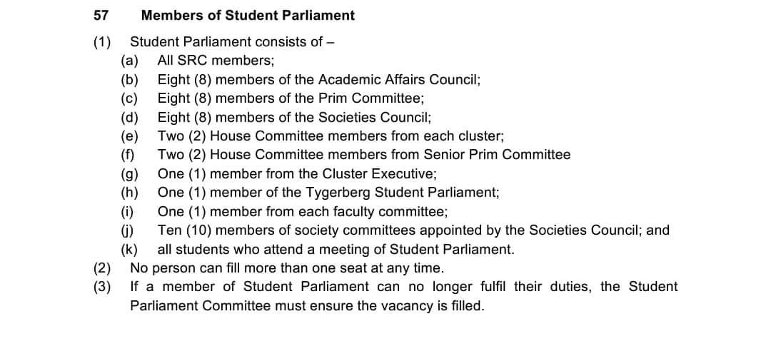 According to Section 57 of the Student Constitution, the following Constitutional entities are members of Student Parliament. Members of Student Parliament are constitutionally mandated to attend all Student Parliament sittings.