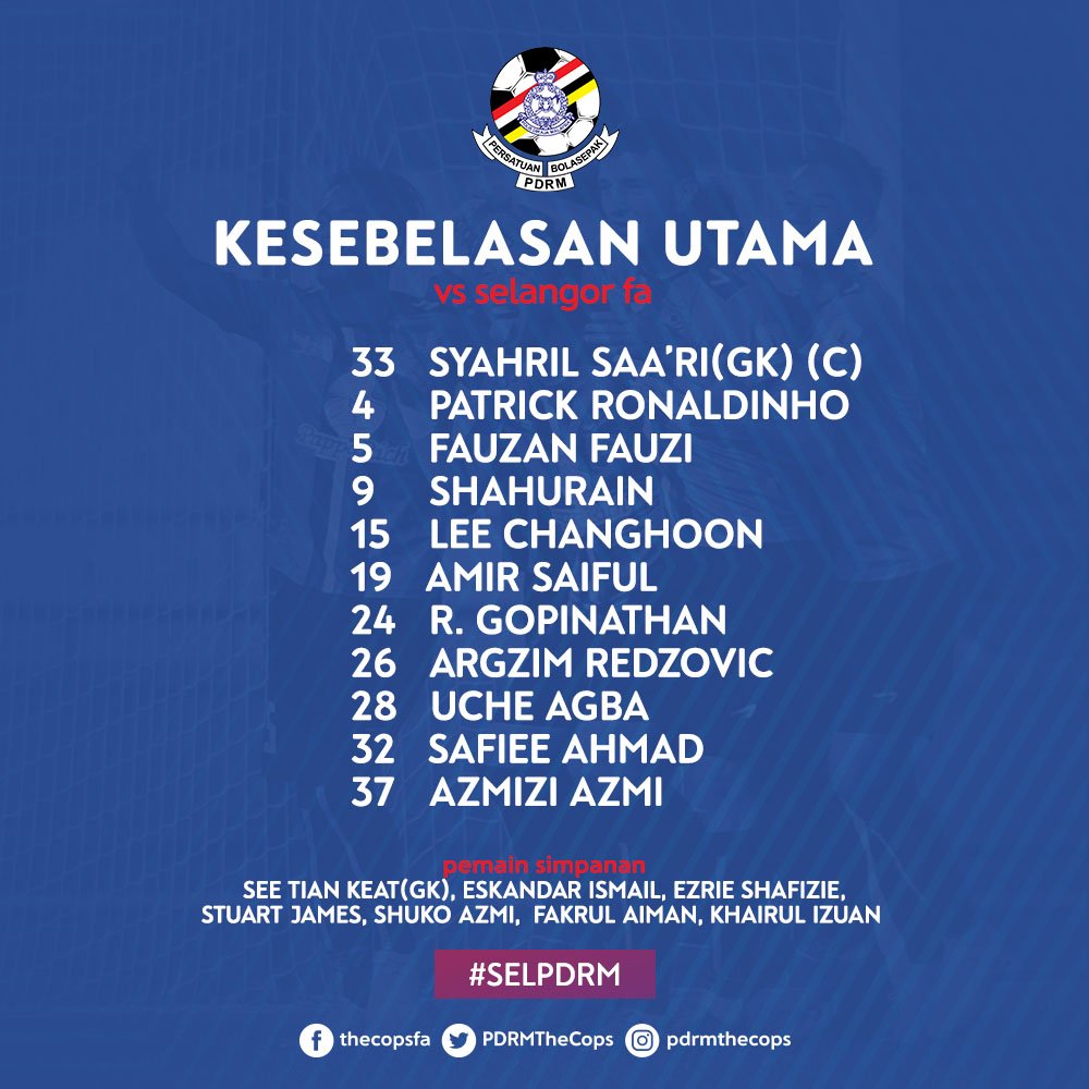 PDRMTheCops's tweet photo. Kesebelasan Utama PDRM menentang Selangor malam ini. 

#SelPDRM ##PialaMalaysia2019 https://t.co/ABYI5GAG52