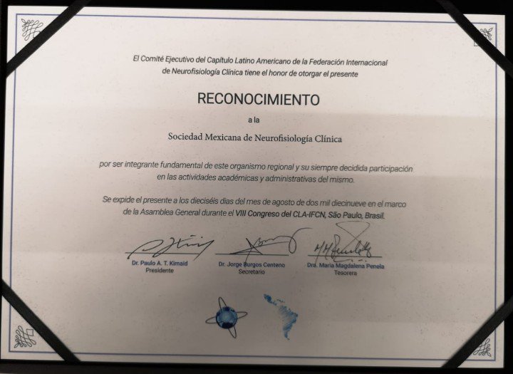 SMNFC_AC's tweet photo. Estamos orgullosos de haber recibido a través del Dr Jorge Burgos, Delegado Internacional de nuestra sociedad este reconocimiento de nuestros amigos latinoamericanos. #neurofans #iom #smnfc #neurophysiology recognition https://t.co/xYl1imWzoB