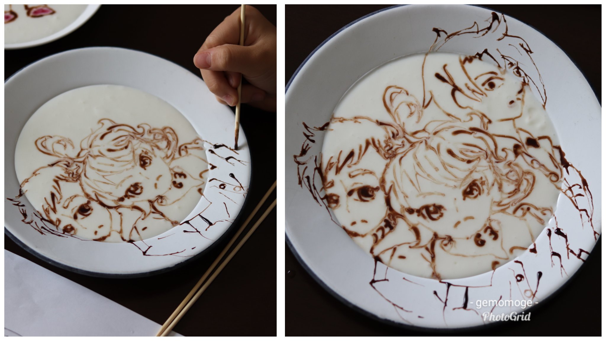 Gemomoge 娘 今度はヨーグルトにチョコソースで描きはじめ 約ネバ ヨーグルトアート T Co Xmldd0dt8m Twitter