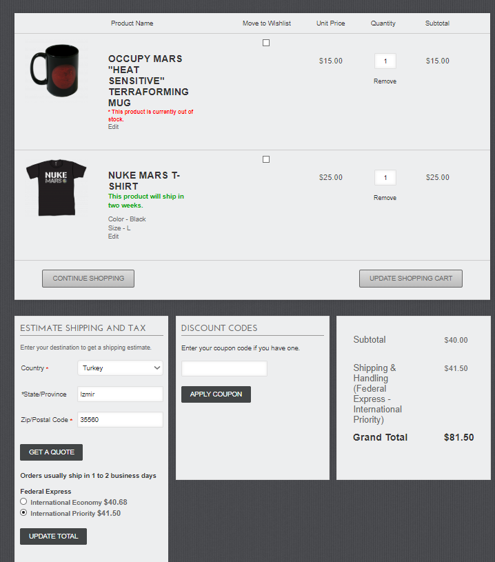 msteknoadam's tweet photo. @elonmusk me and a friend of mine (@simay_sokmen) want to get some SpaceX merch but shipping to Turkey is very high. Do you know any reasons behind that &amp; are there any solutions for it? @SpaceX #SpaceXMerch #tshirt #shipping #ElonMusk #nukemars #mars #occupymars https://t.co/TQ2eFcOM8U
