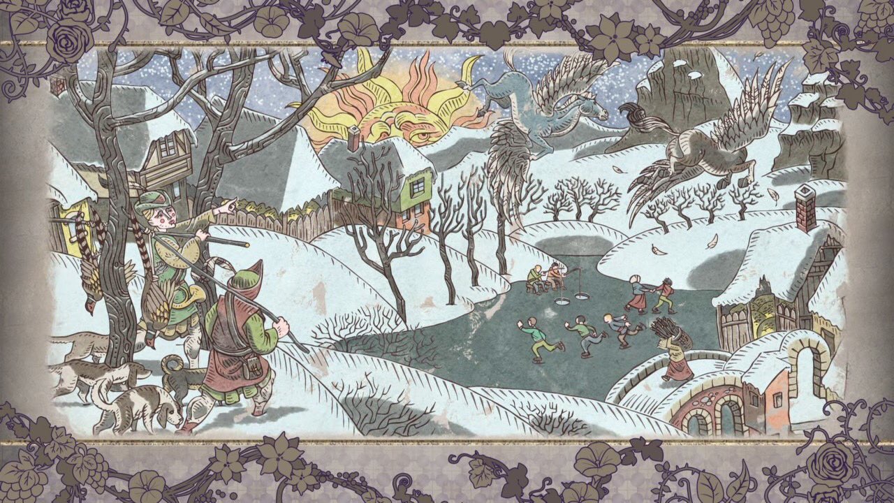 どがや 節の代わり目ごとの絵は多分名画のオマージュになっていて わかりやすいのがブリューゲルの 雪中の狩人