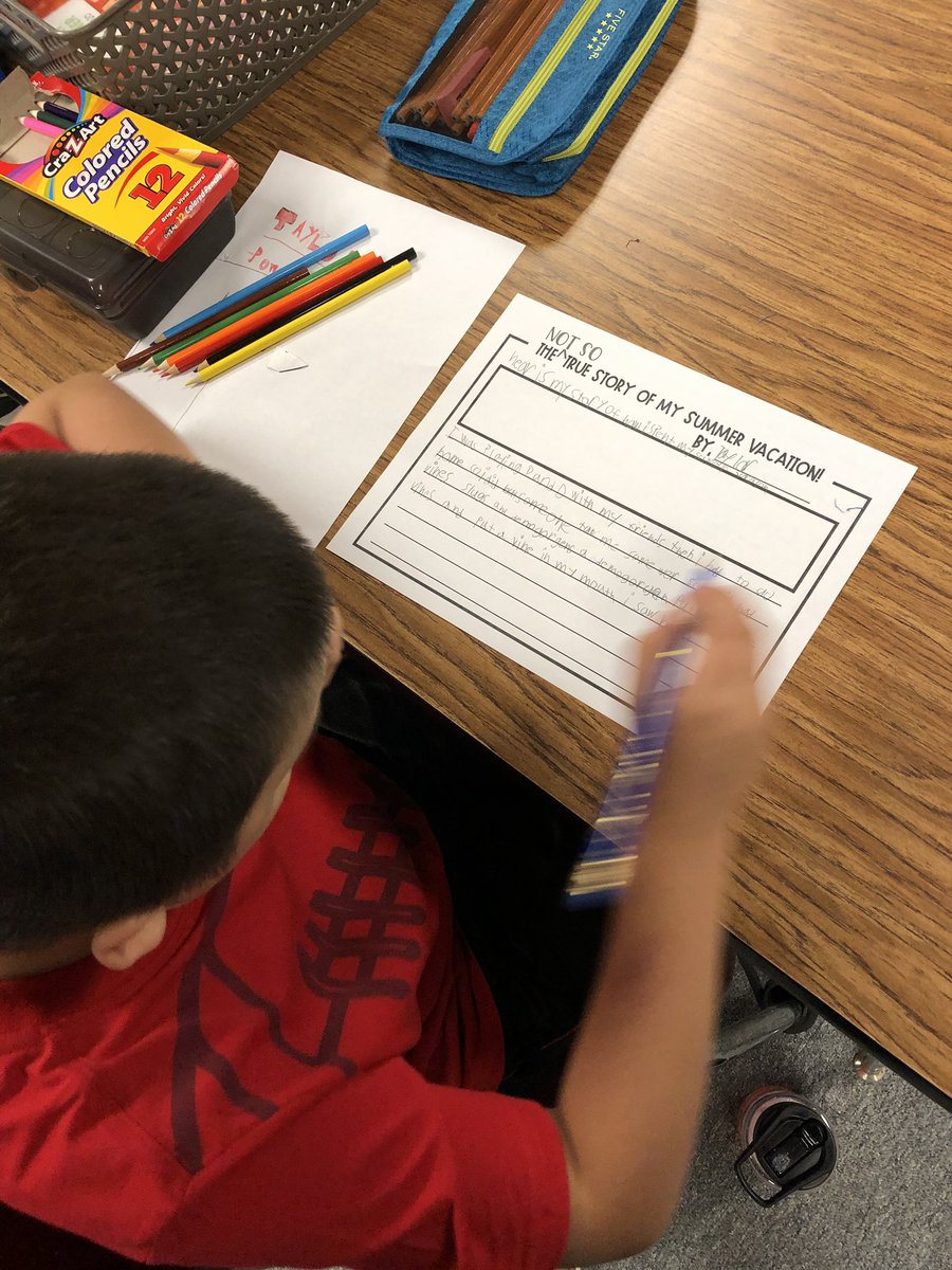 mscrawfords's tweet photo. Read aloud “How I Spent My Summer Vacation” by Mark Teague! Students followed up with a mini quick write to mimic the story with a creative and fake summer vacation of their own #teachers #B2Indians #writing https://t.co/5pjNZe2Bzp