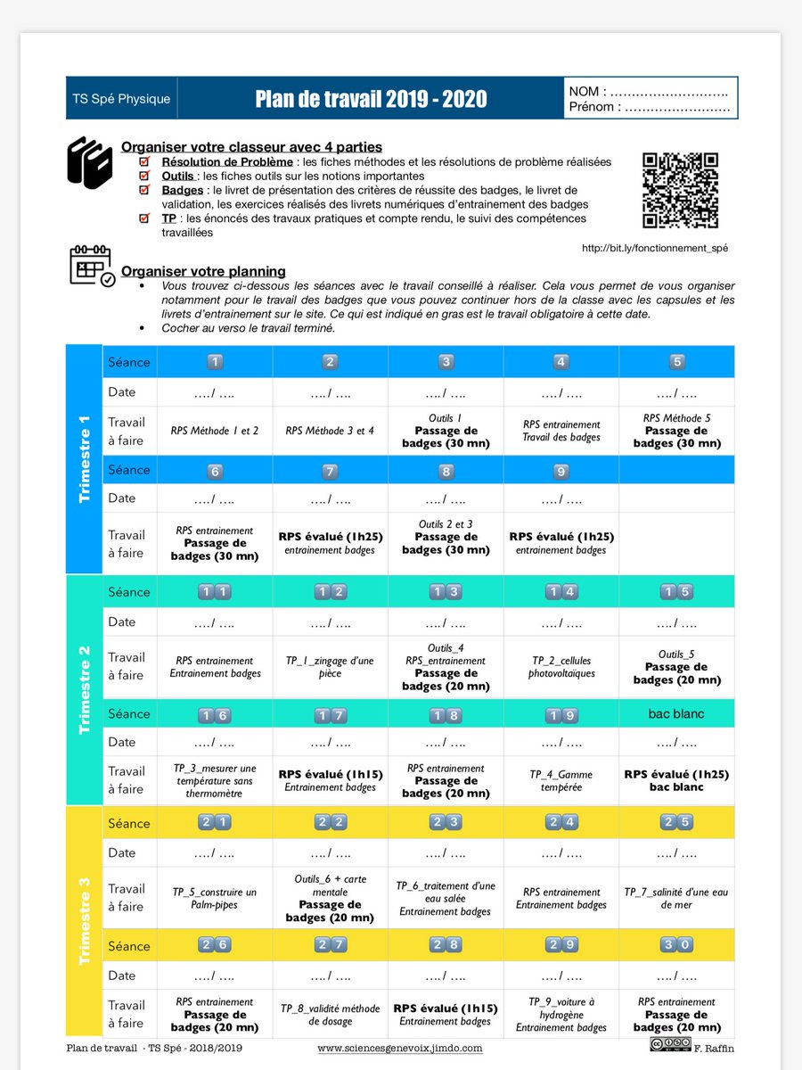 florenceraffin's tweet photo. L’année dernière j’avais testé le plan de travail par trimestre en TS, cette année (la dernière de Spé physique avt la réforme 😭) ce sera le plan de travail pour l’année 😄. #teamphys #classesinversées #differenciation #autonomie Voici le doc si cela peut inspirer quelqu’un .... https://t.co/e6Yv5qVc1f