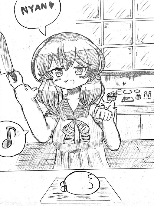 #ふたばあーと 
包丁を使う時は 猫の手で 