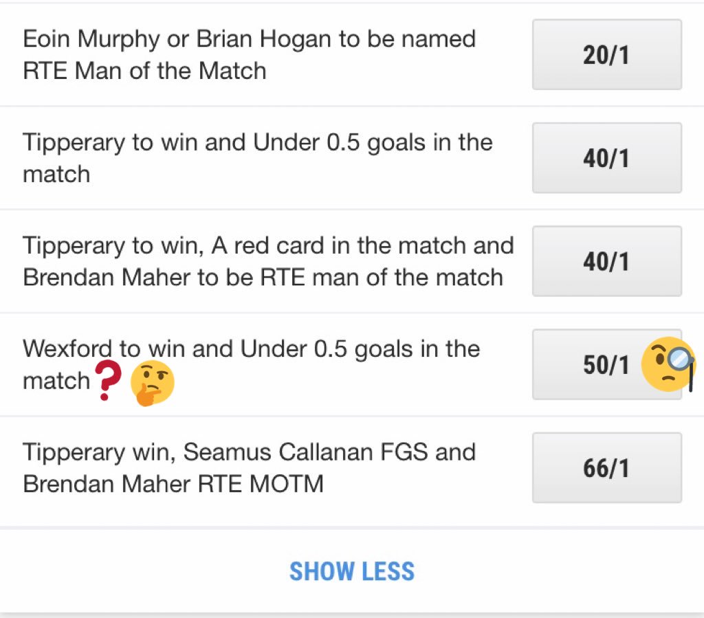 Hey <a href="/Ladbrokes/">Ladbrokes</a> can I have a €500 Free Bet on Wexford to win the All Ireland today and neither <a href="/KilkennyCLG/">Kilkenny GAA</a> <a href="/TipperaryGAA/">Tipperary GAA</a> or <a href="/OfficialWexGAA/">Wexford GAA</a> to score a goal😂 Think you can do a bit better than 50/1 for me though😅😅 #AllIrelandFinal #KKvTipp #GAA