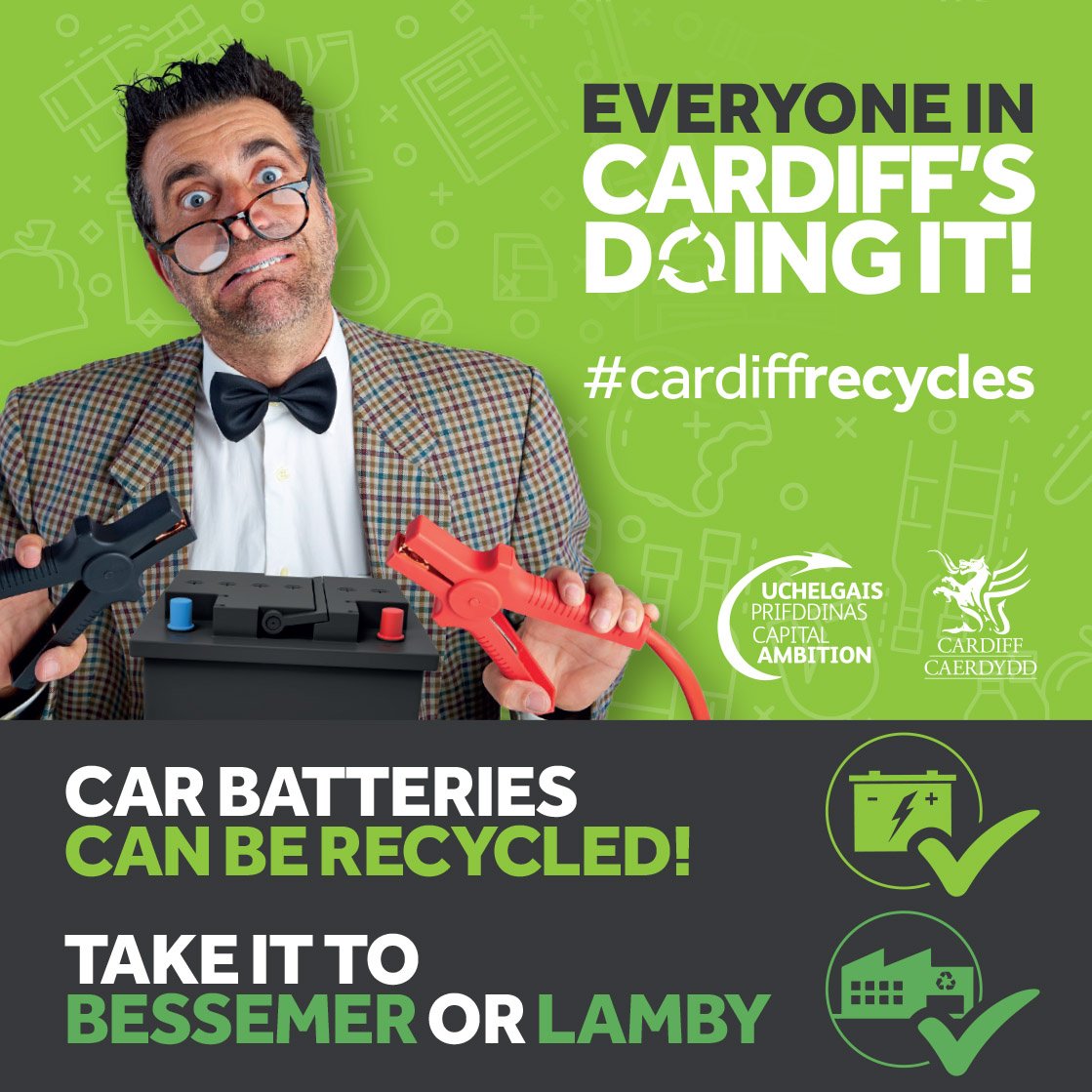 cardiffcouncil's tweet image. Everyone in Cardiff’s Doing It! Car batteries can be recycled. Take it to Bessemer or Lamby #CardiffRecycles Click here to visit our A-Z of Recycling: socsi.in/mS3Hh