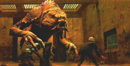Luke Skywalker battles the Rancor.

Concept art by the amazingly talented Ralph McQuarrie.