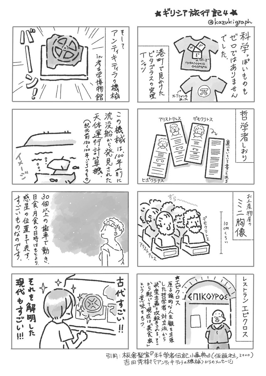 WEBサイト更新しました。
漫画「ギリシア旅行記」(4ページ)
以前,ツイッターにもアップしたものです。
https://t.co/2gN8zhYV0C
科学のふるさと古代ギリシア〜。原子論〜。でも古代すぎて土に埋もれてるものが多い〜。民主主義もオリンピックも古代ギリシアから〜。
#科学