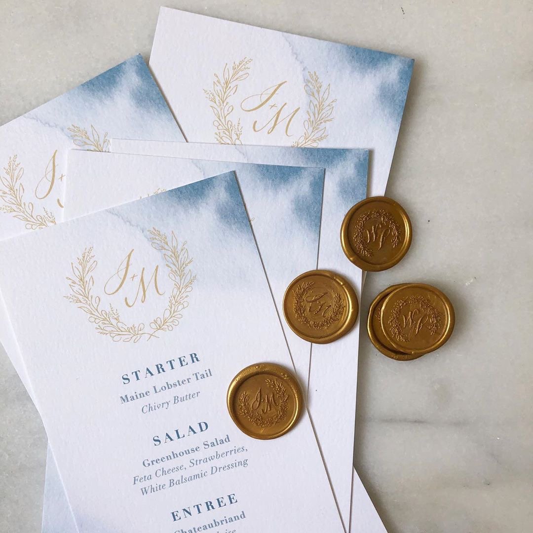 A touch of color is sometimes all you need! We love how romantic these menus feel with just a hint of blue and gold!

via <a href="/summit/">Summit</a>.and.sage
#dinnermenu #weddingday #weddingdesign #weddingdetails #letsgetmarried #wedspo #love #itsinthedetails