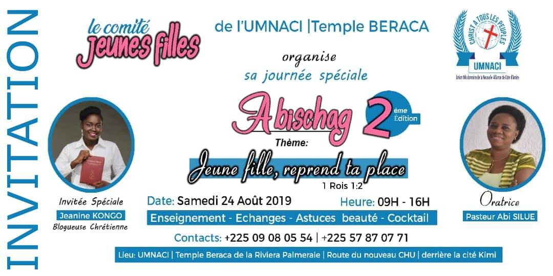 Je suis l'invitée spéciale d'Abischag 2e édition du côté d'Angré ce samedi 24 Août 2019. Je serai ravie de te rencontrer ma sœur !
#Blogueuse #Influenceuse #Chrétienne #CIV225
💻jeaninekongo.com