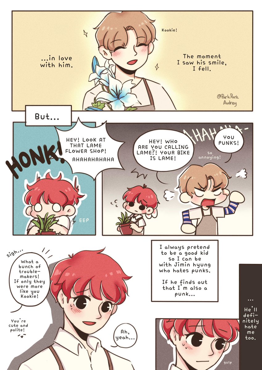 ParkParkAudrey's tweet photo. #jikook #kookmin AU where Jungkook is your typical high school punk that fell in love with a sweet florist...who hate punks. #btsfanart 🐰🐥❤️ https://t.co/TnVyyu5GIZ