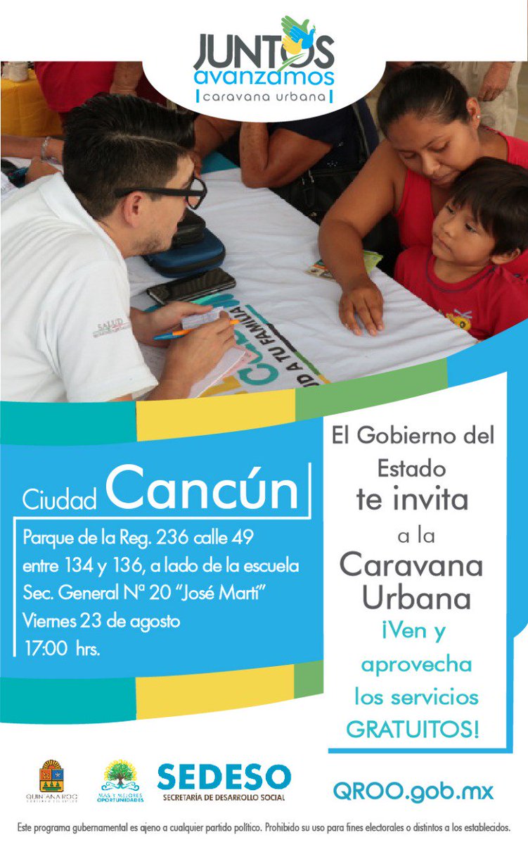 Asiste a la "Caravana Urbana" en #Cancún, encontrarás servicios gratuitos para ti y tu familia. 👪
📍 Parque de la Región 236, a lado de la secundaria No. 20
🕔 5:00 pm. 
📆 Viernes 23 de agosto 
¡Te esperamos!
#JuntosAvanzamos
#MásYMejoresOportunidades
